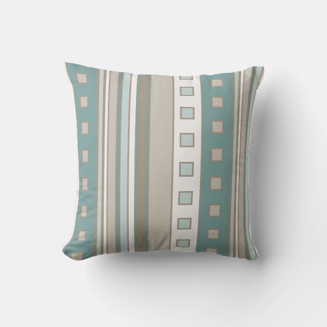Geometric Squares and Stripes, Teal, Brown Seafoam Cushion (Front)