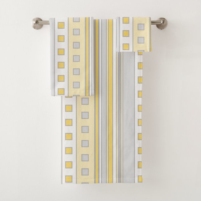 Geometric Squares and Stripes, Yellow, Grey, Cream Bath Towel Set (Insitu)