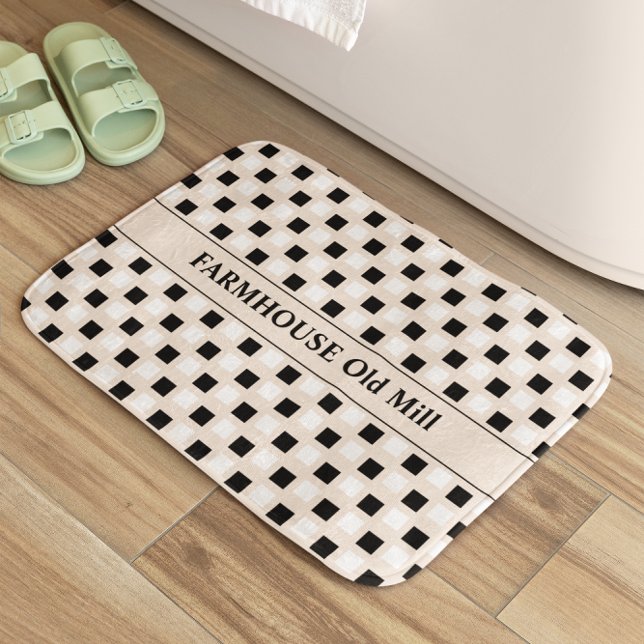 Geometric Squares Beige Black  Bath Mat (Creator Uploaded)