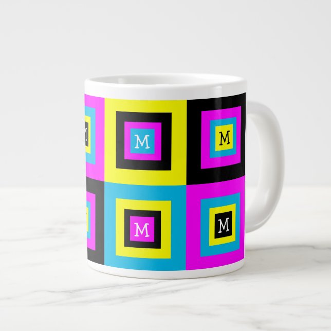 Geometric Squares Monogram CMYK Large Coffee Mug (Front Right)