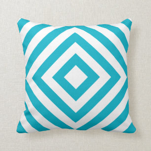 Geometric Squares Pattern #1A Teal Blue and White Cushion