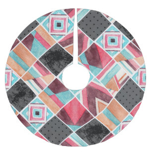 Geometric squares, watercolor patchwork brushed polyester tree skirt