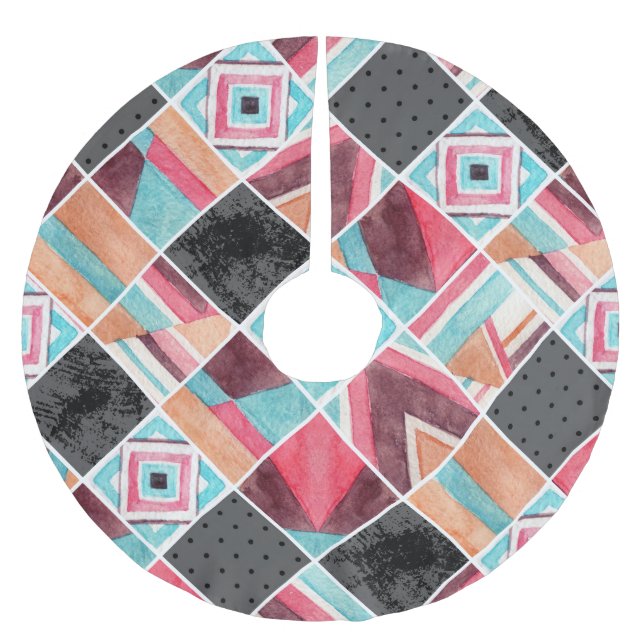 Geometric squares, watercolor patchwork brushed polyester tree skirt (Front)