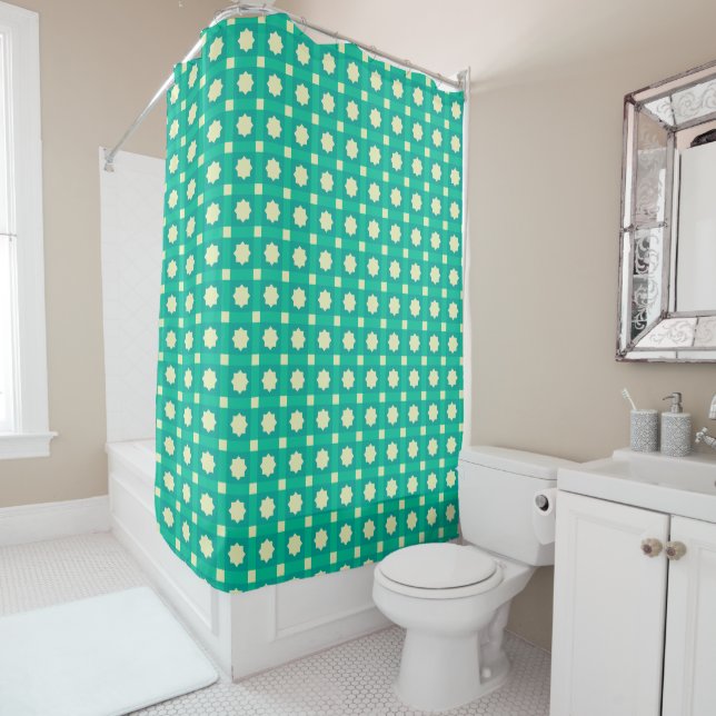 Geometric Star Pattern Wallpaper - Teal & Cream Shower Curtain (In Situ)
