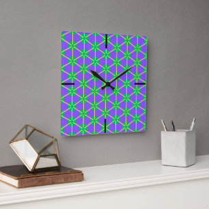 Geometric Starburst in Purple, Green and Yellow Square Wall Clock