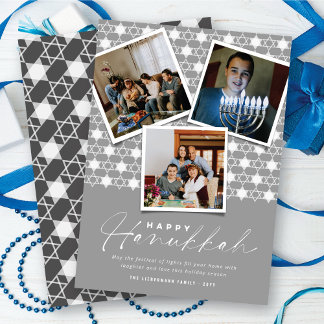 Geometric Stars Of David Silver Hanukkah 3 Photo Holiday Card