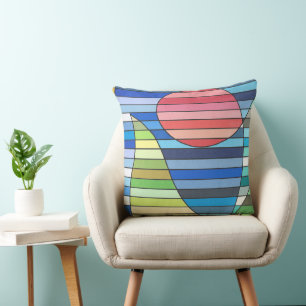 Geometric Stripes with Red Circle and Green Curves Cushion