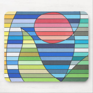Geometric Stripes with Red Circle and Green Curves Mouse Mat