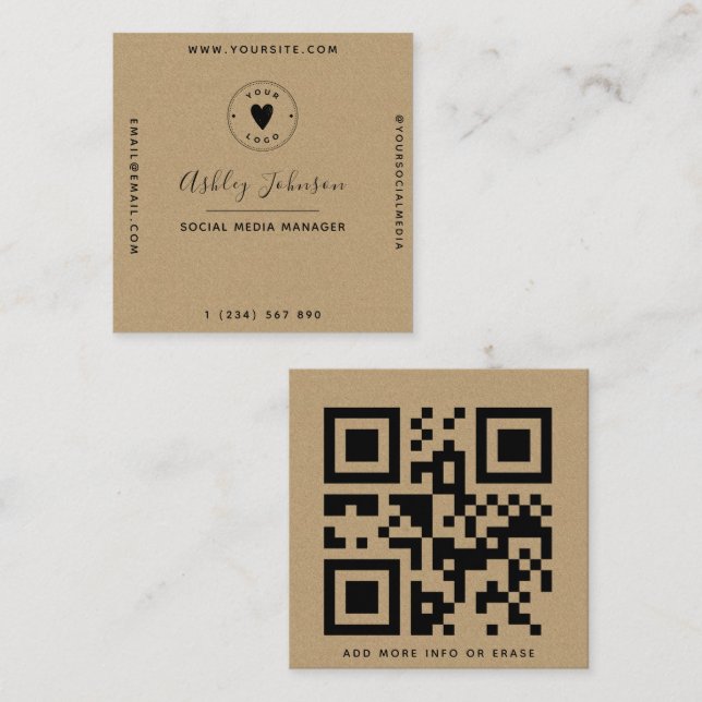 Geometric Style Kraft Paper QR Code Logo Simple Square Business Card (Front/Back)