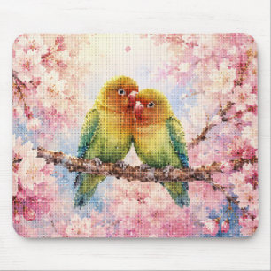 Geometric Style Lovebirds Among Cherry Blossoms Mouse Mat
