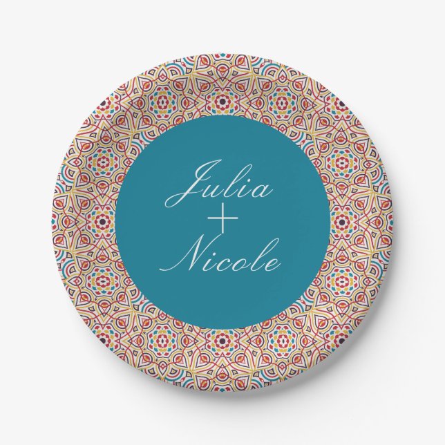 Geometric Style Sparkles Copper Metallic Wedding Paper Plate (Front)