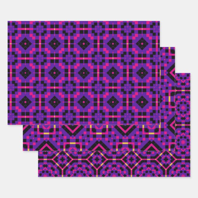 Geometric Stylish Op Art Mosaic Purple Patterns Wrapping Paper Sheet (Set)