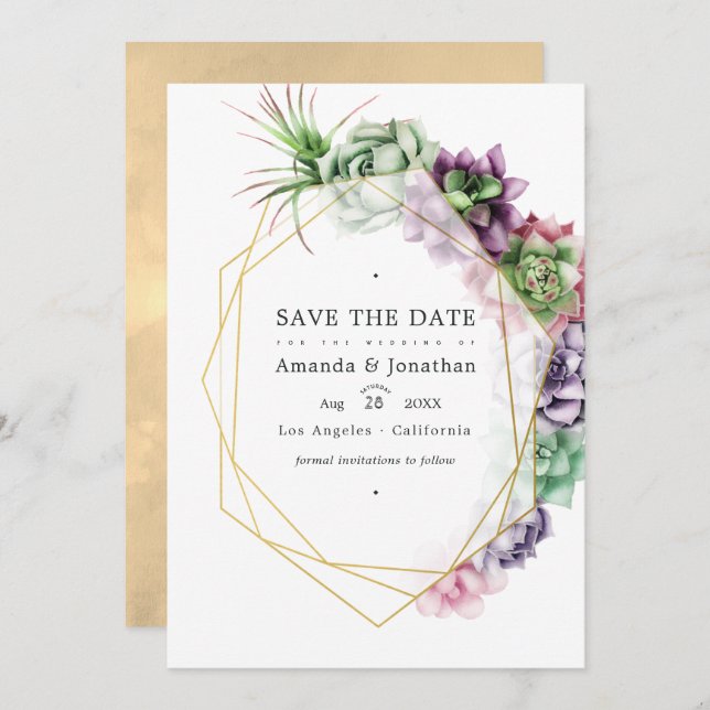 Geometric Succulents Herbarium Garden Wedding  Save The Date (Front/Back)