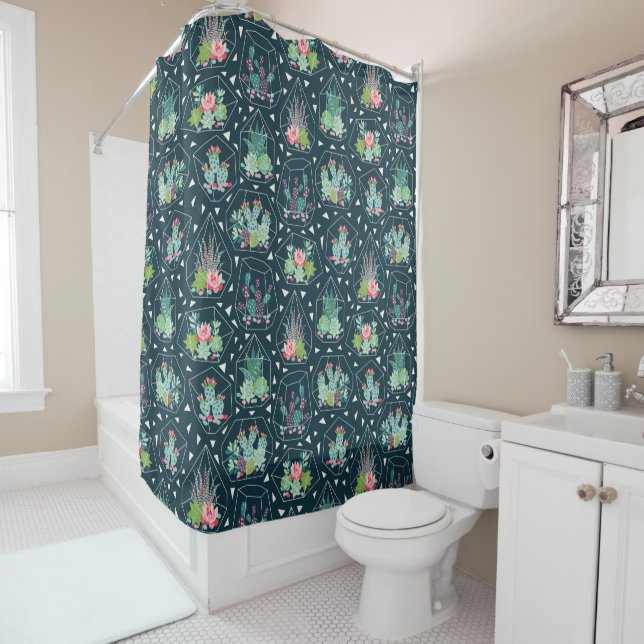Geometric Succulents Pattern Shower Curtain (In Situ)