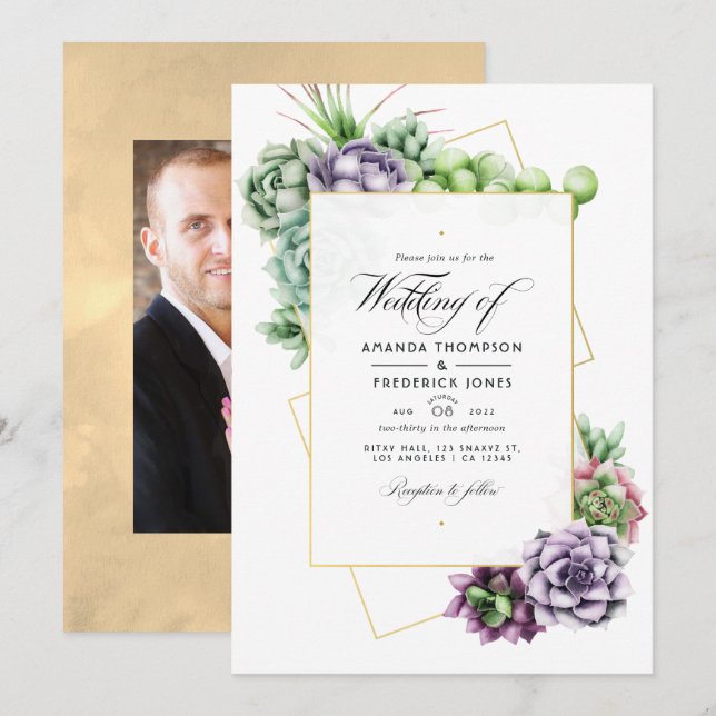 Geometric Succulents Wedding Photo Invitation (Front/Back)