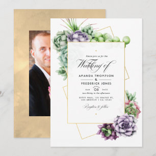 Geometric Succulents Wedding Photo Invitation