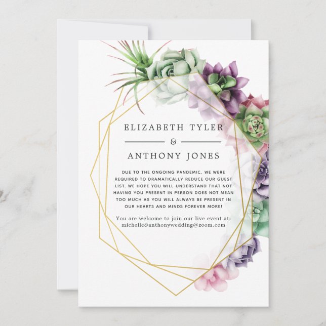 Geometric Succulents Wedding Reduced Guest List Announcement (Front)