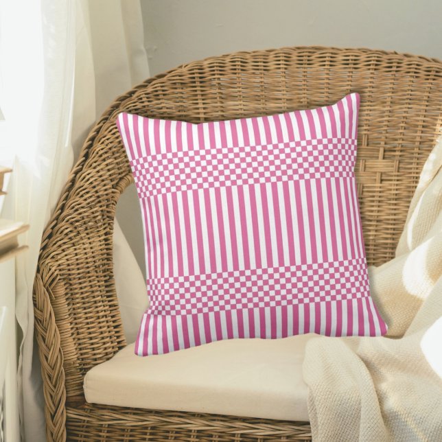 Geometric Summer Pink & White Stripes & Chequered Cushion (Pink & White Stripes & Checker )