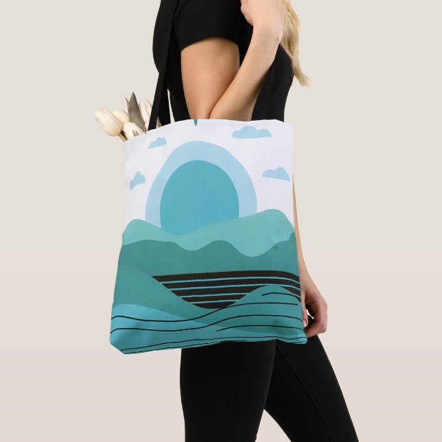 Geometric Sun Mountain Abstract with Tribal Border Tote Bag (Close Up)