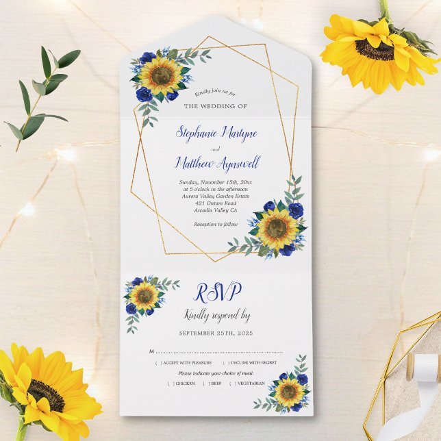 Geometric Sunflower Blue Rose Modern Wedding All In One Invitation (Creator Uploaded)