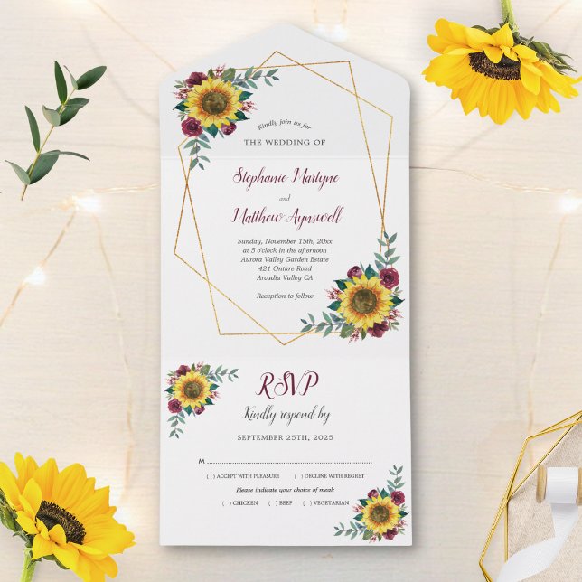 Geometric Sunflower Burgundy Rose Modern Wedding All In One Invitation (Creator Uploaded)