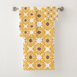 Geometric Sunflower Pattern on White Bath Towel Set