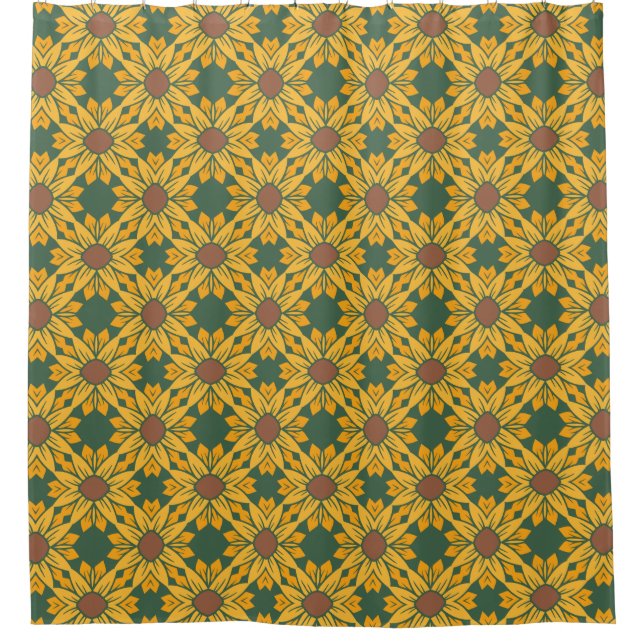 Geometric Sunflower Patterns on Dark Green  Shower Curtain (Front)