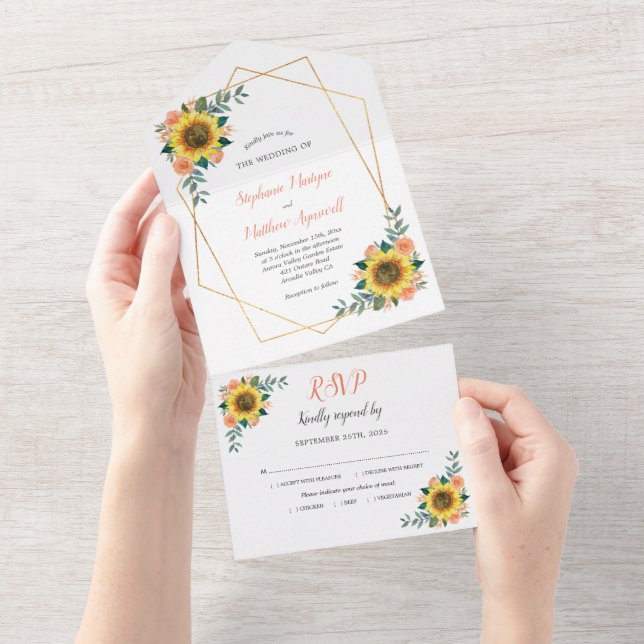 Geometric Sunflower Peach Rose Modern Wedding All In One Invitation (Tearaway)