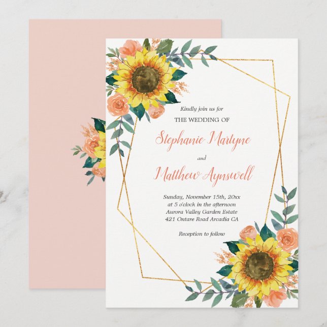 Geometric Sunflower Peach Roses Floral Wedding Invitation (Front/Back)