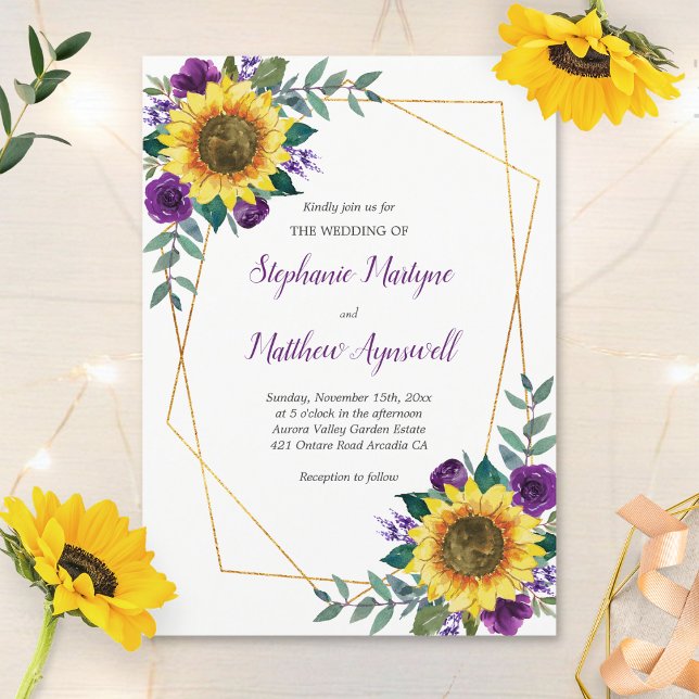 Geometric Sunflower Purple Roses Floral Wedding Invitation (Creator Uploaded)