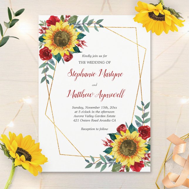 Geometric Sunflower Red Roses Floral Wedding Invitation (Creator Uploaded)