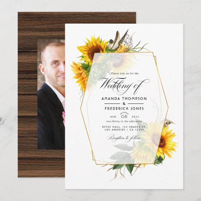 Geometric Sunflower Rustic Barn Country Wedding Invitation (Front/Back)