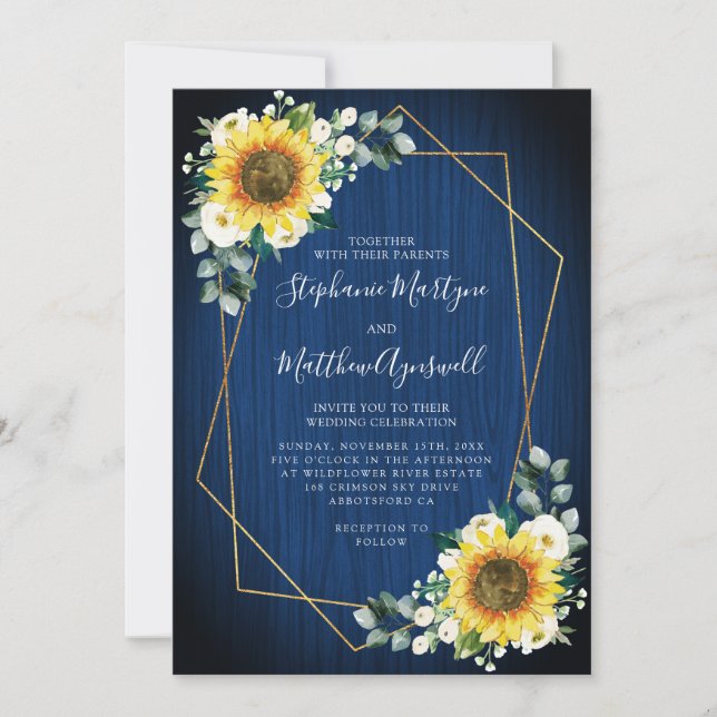 Geometric Sunflowers Navy Blue Floral Wedding Invitation (Front)
