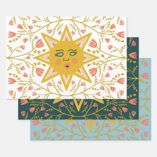 Geometric Suns Vines FLowers Pink Blue Green Wrapping Paper Sheet (Set)