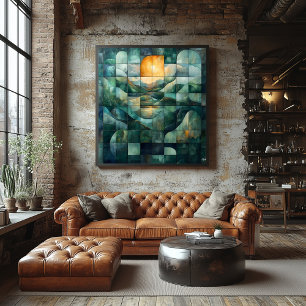 Geometric Sunset Landscape Art – Teal and Gold Poster