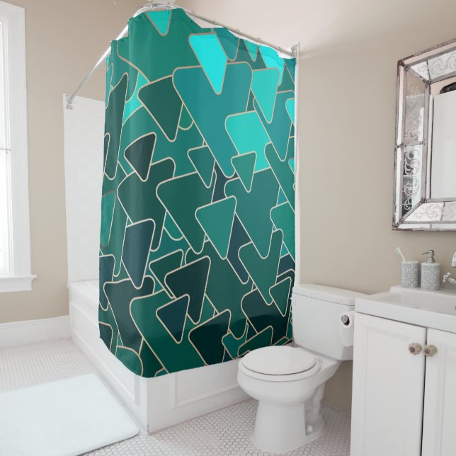 Geometric Teal and Gold Shower Curtain (In Situ)
