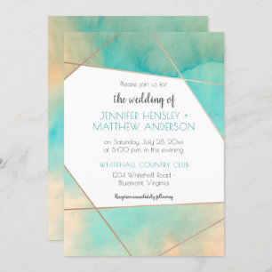 Geometric Teal and Peach Watercolor Splash Wedding Invitation