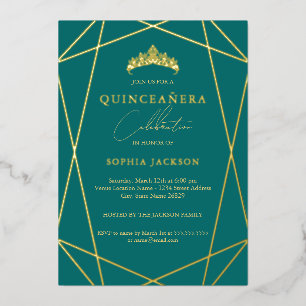 Geometric Teal Gold Elegant Quinceanera Foil