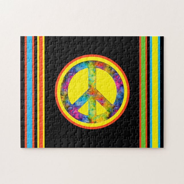 [Geometric Tie-Dye] Stripes with Peace Sign Black Jigsaw Puzzle (Horizontal)