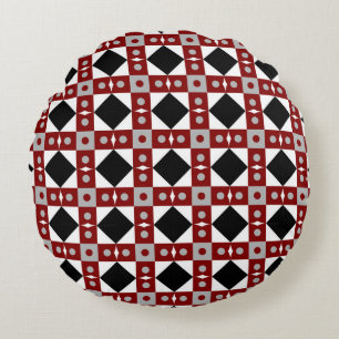 Geometric tile in Red, Black and white colorsabst Round Cushion