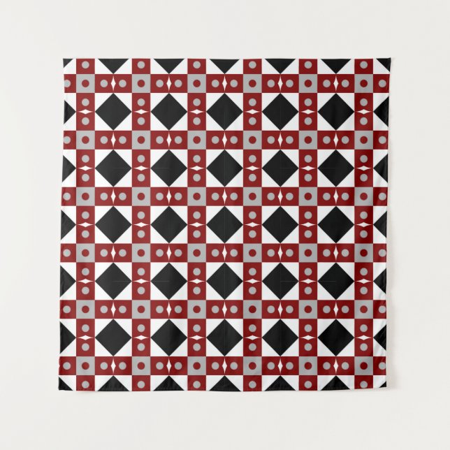Geometric tile in Red,  Black and white colorsabst Tapestry (Front)