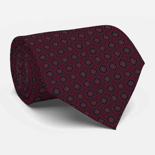 Geometric Tile Pattern in Cranberry, Navy & Gold  Tie (Rolled)