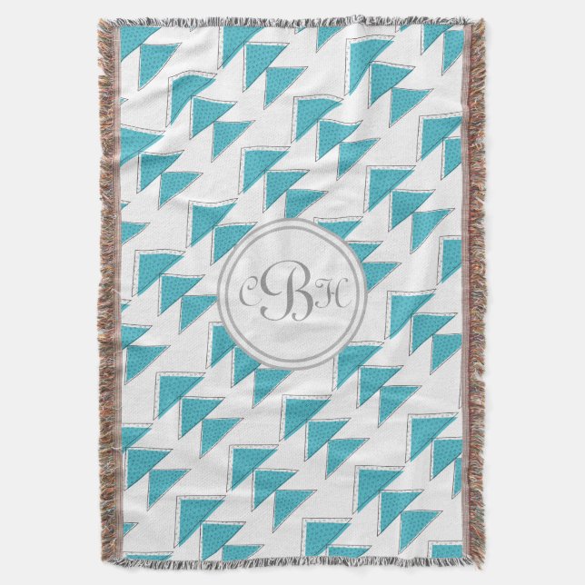 Geometric Triangle Aqua and Grey Monogram Pattern Throw Blanket (Front Vertical)
