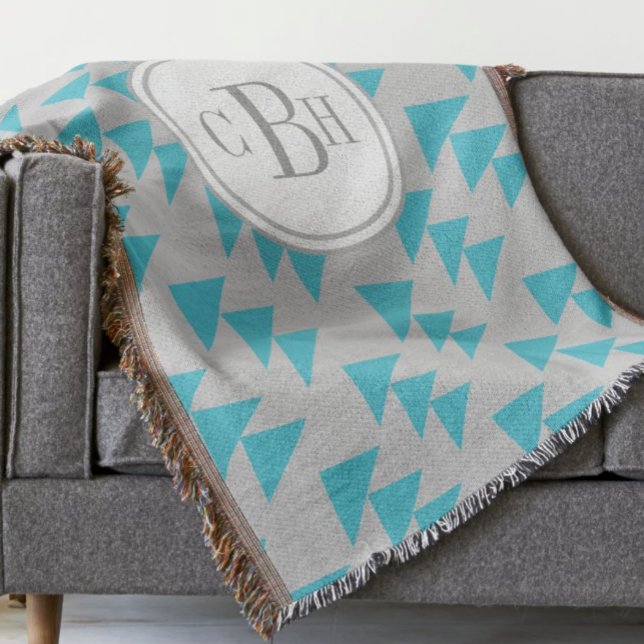 Geometric Triangle Aqua and Grey Monogram Pattern Throw Blanket (Creator Uploaded)