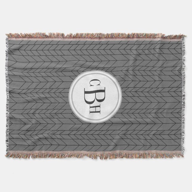 Geometric Triangle Black and Grey Monogram Pattern Throw Blanket (Front)