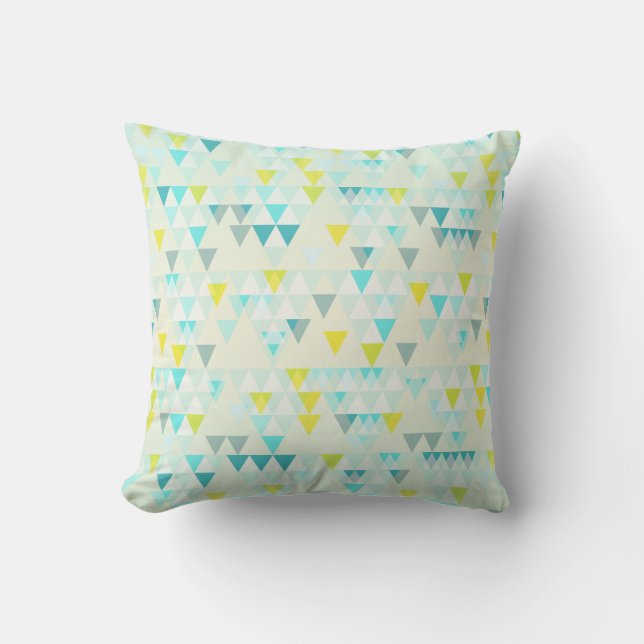 Geometric Triangles Aqua Blue White Yellow Pattern Cushion (Front)