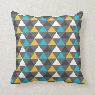 Geometric Triangles Grey Blue Yellow Pattern Cushion