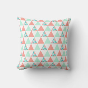 Geometric Triangles Mint Green Coral Pink Pattern Cushion