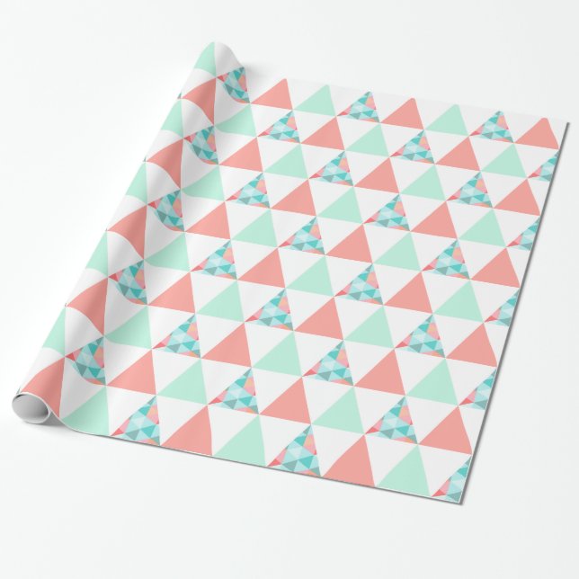 Geometric Triangles Mint Green Coral Pink Pattern Wrapping Paper (Unrolled)