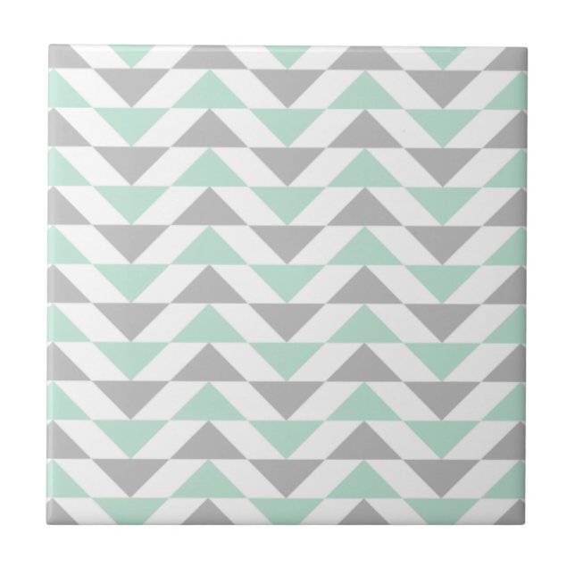 Geometric Triangles Mint Green Grey White Pattern Tile (Front)